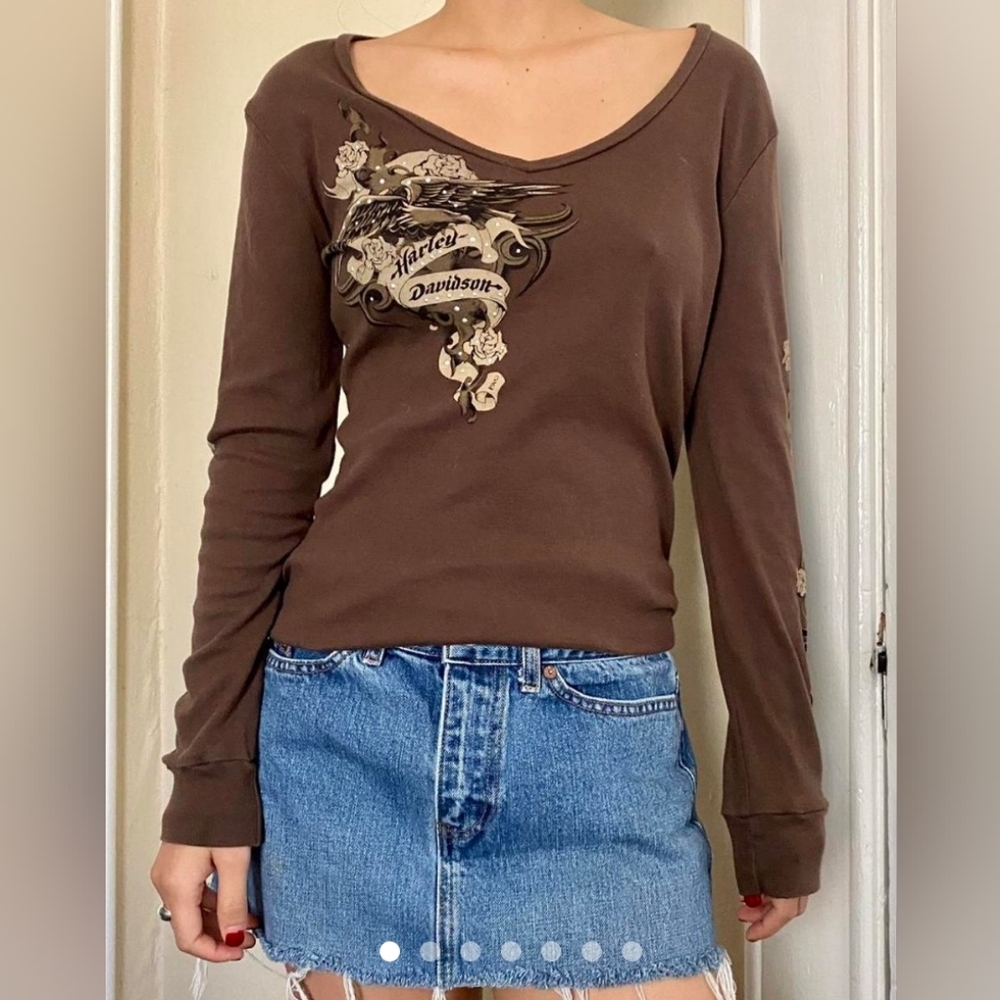 Harley Davidson Women's Brown Long Sleeve V-Neck Shirt -XL
